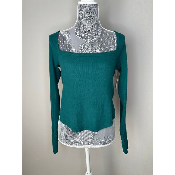 FREE PEOPLE Square Neckline Cross Back Cropped Thermal Sweater Top Green Size XS - Picture 6 of 7